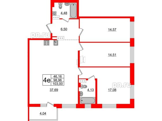 Квартира в ЖК «Черная Речка», 3 комнатная, 98.96 м², 2 этаж