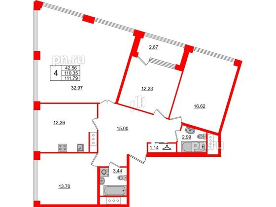 Квартира в ЖК Golden City, 4 комнатная, 111.79 м², 3 этаж