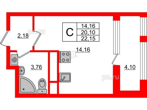 Квартира в ЖК «Нью Тайм», студия, 22.15 м², 12 этаж