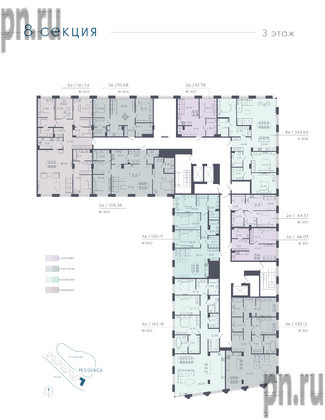 Апартаменты в ЖК 17/33 Петровский Остров, 3 комнатные, 109.17 м², 3 этаж