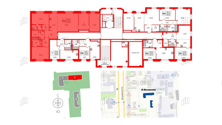 Квартира в ЖК ID Московский, 3 комнатная, 127.56 м², 2 этаж