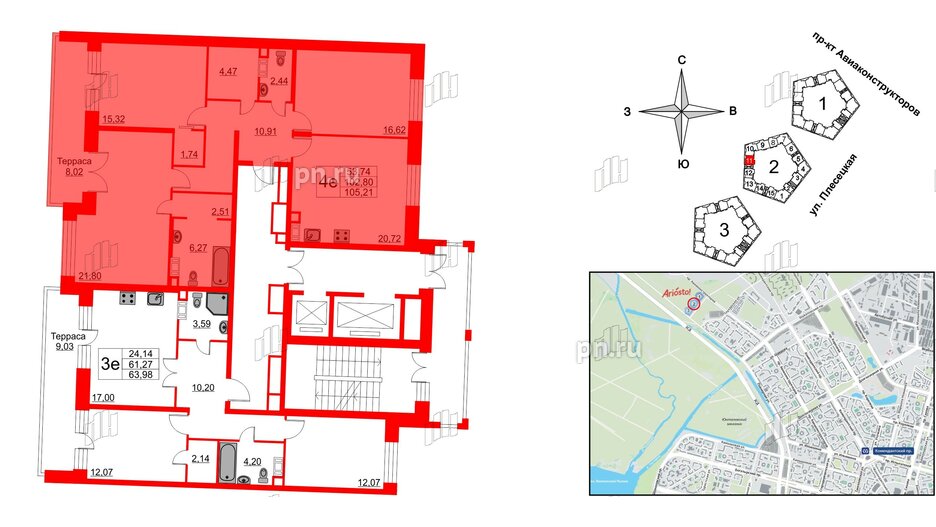 Квартира в ЖК Ariosto!, 3 комнатная, 105.21 м², 12 этаж