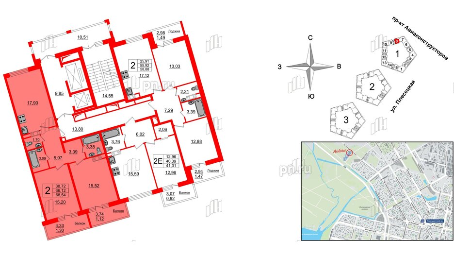 Квартира в ЖК Ariosto!, 2 комнатная, 68.54 м², 12 этаж