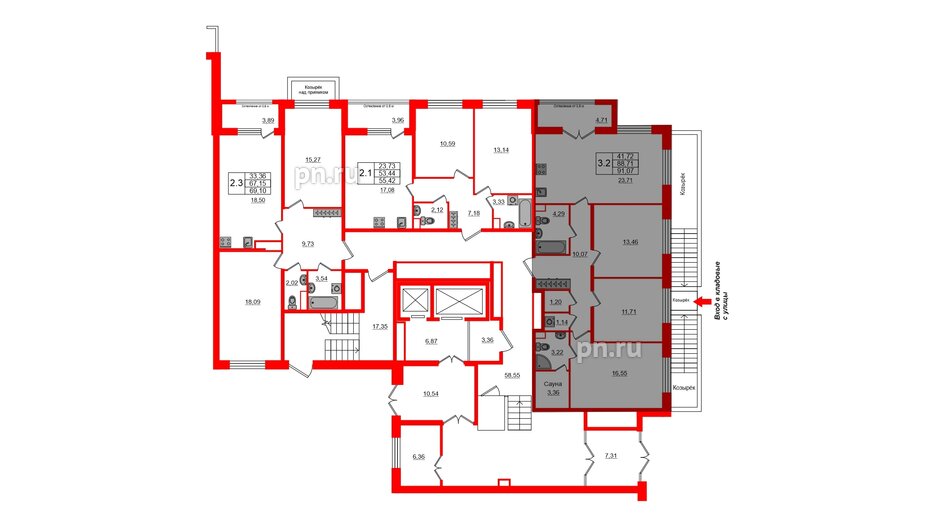 Квартира в ЖК Astra Marine, 3 комнатная, 88.71 м², 1 этаж