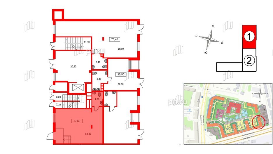Помещение в ЖК ID Park Pobedy, 57.6 м², 1 этаж