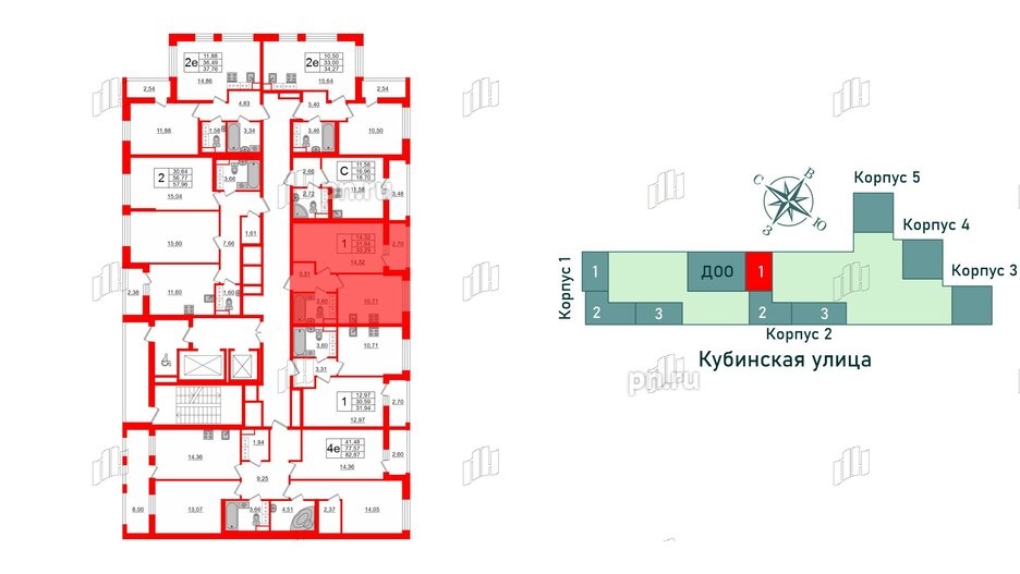 Квартира в ЖК Cube, 1 комнатная, 33.29 м², 14 этаж