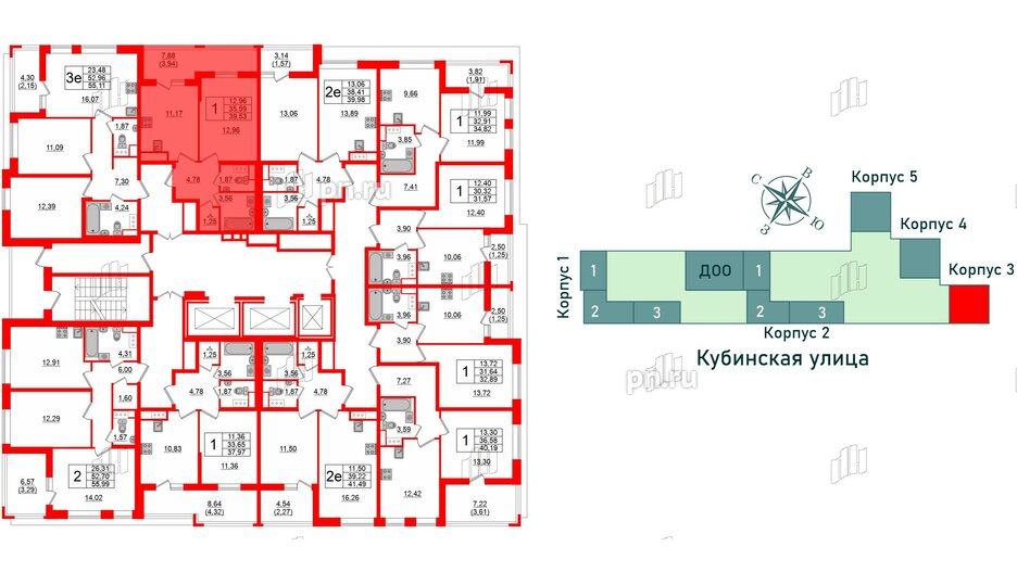 Квартира в ЖК Cube, 1 комнатная, 39.53 м², 12 этаж