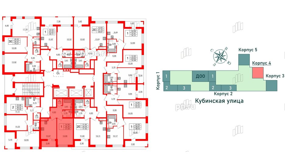 Квартира в ЖК Cube, 1 комнатная, 37.69 м², 12 этаж