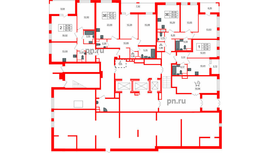 Квартира в ЖК Cube, 2 комнатная, 63.18 м², 1 этаж