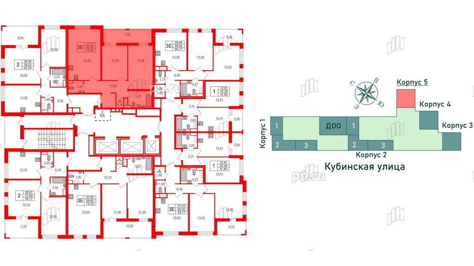 Квартира в ЖК Cube, 2 комнатная, 73.45 м², 3 этаж