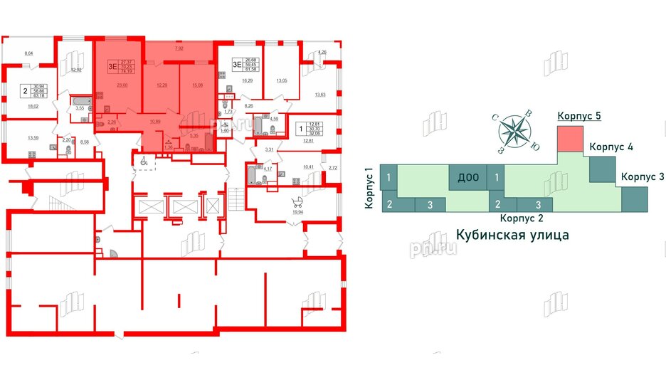 Квартира в ЖК Cube, 2 комнатная, 74.19 м², 1 этаж