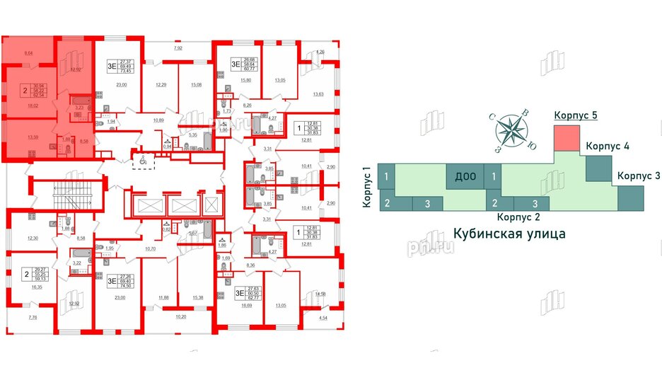 Квартира в ЖК Cube, 2 комнатная, 62.54 м², 6 этаж