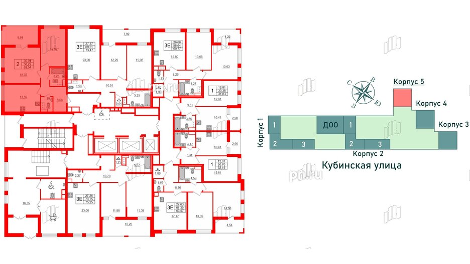 Квартира в ЖК Cube, 2 комнатная, 62.54 м², 2 этаж