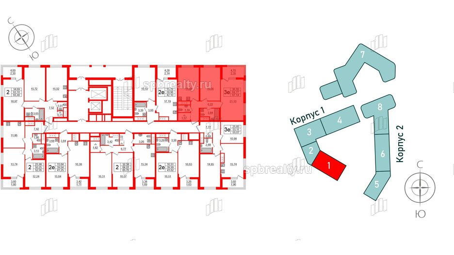 Квартира в ЖК GloraX Заневский, 2 комнатная, 67.14 м², 7 этаж