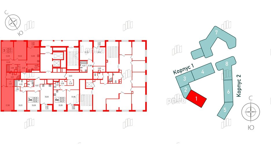 Квартира в ЖК GloraX Заневский, 3 комнатная, 92.71 м², 2 этаж