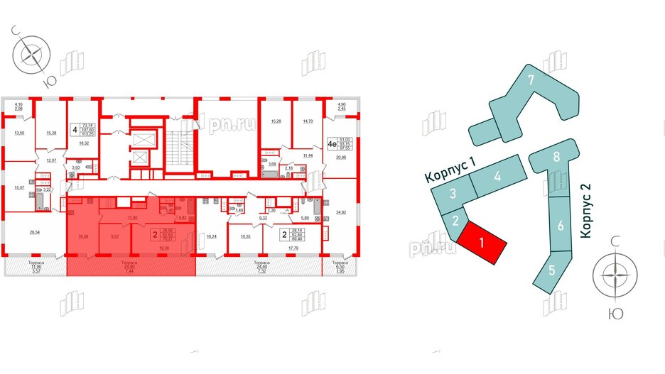 Квартира в ЖК GloraX Заневский, 2 комнатная, 70.27 м², 14 этаж