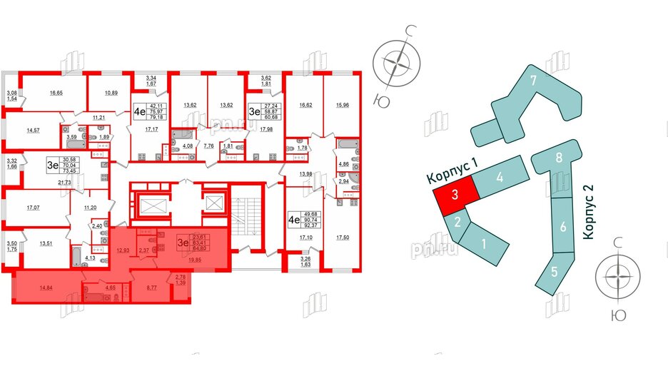 Квартира в ЖК GloraX Заневский, 2 комнатная, 64.8 м², 5 этаж