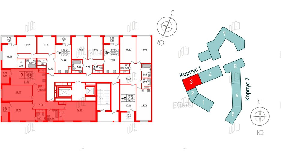 Квартира в ЖК GloraX Заневский, 3 комнатная, 113.03 м², 10 этаж