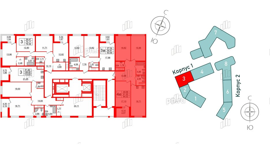 Квартира в ЖК GloraX Заневский, 3 комнатная, 94.02 м², 13 этаж