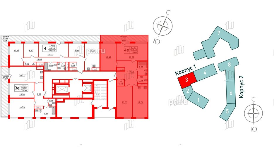 Квартира в ЖК GloraX Заневский, 3 комнатная, 110 м², 14 этаж