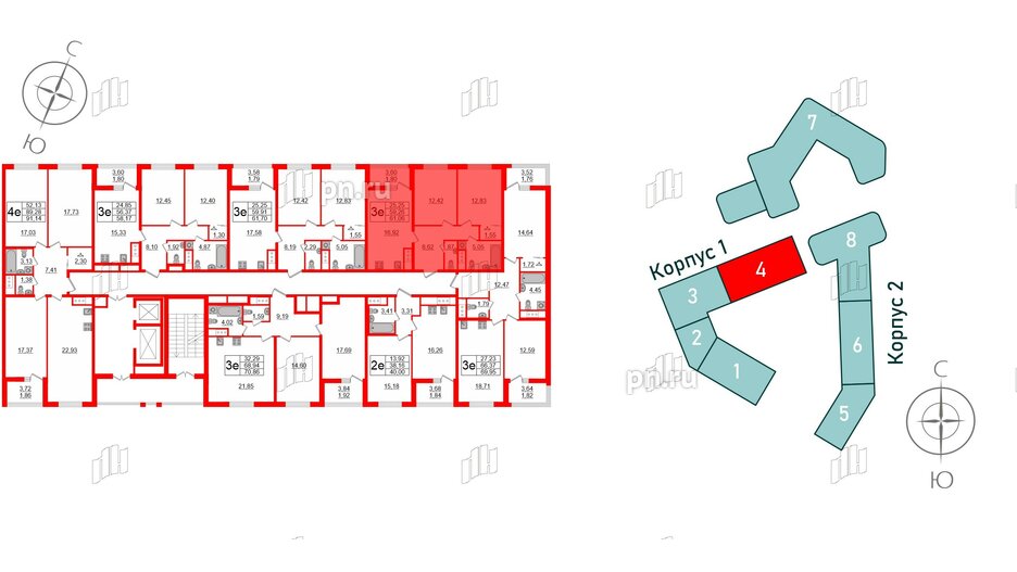 Квартира в ЖК GloraX Заневский, 2 комнатная, 61.06 м², 12 этаж