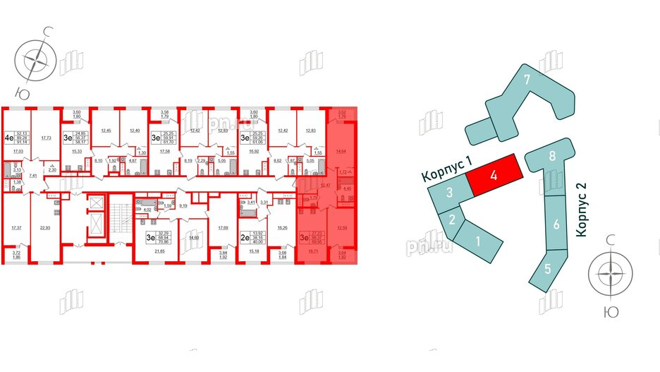 Квартира в ЖК GloraX Заневский, 2 комнатная, 69.95 м², 13 этаж