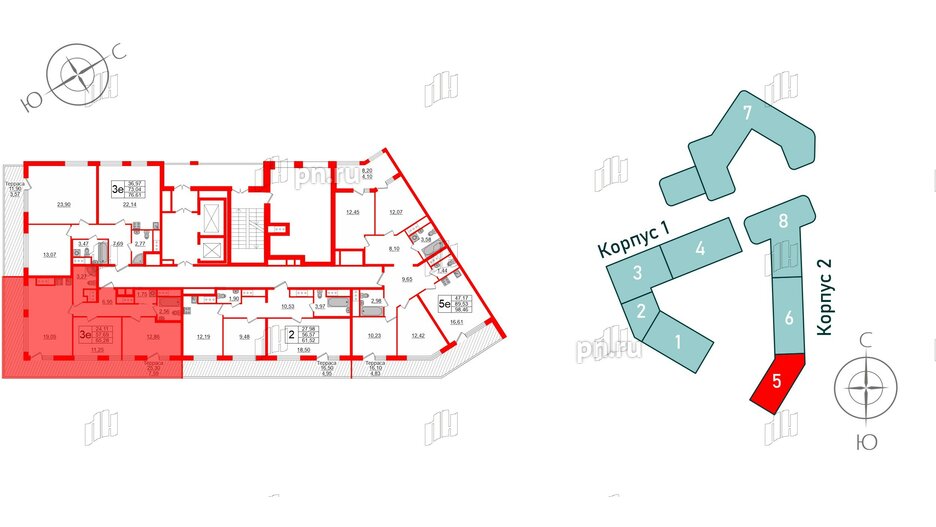 Квартира в ЖК GloraX Заневский, 2 комнатная, 65.28 м², 14 этаж