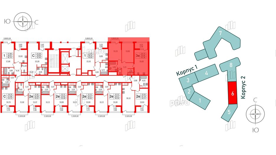 Квартира в ЖК GloraX Заневский, 2 комнатная, 62.36 м², 3 этаж