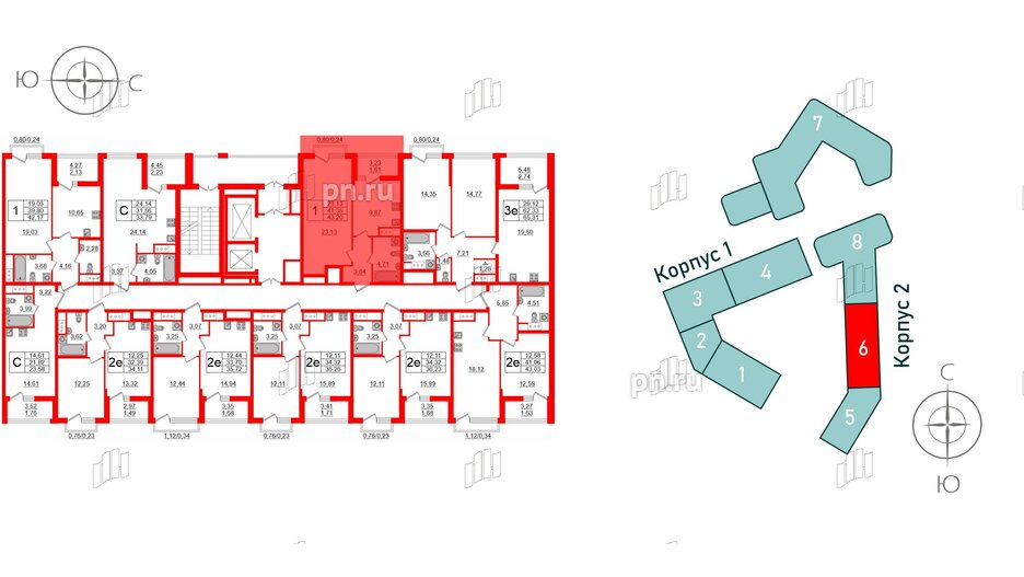 Квартира в ЖК GloraX Заневский, 1 комнатная, 43.2 м², 13 этаж