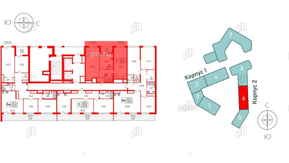 Квартира в ЖК GloraX Заневский, 2 комнатная, 65.22 м², 14 этаж