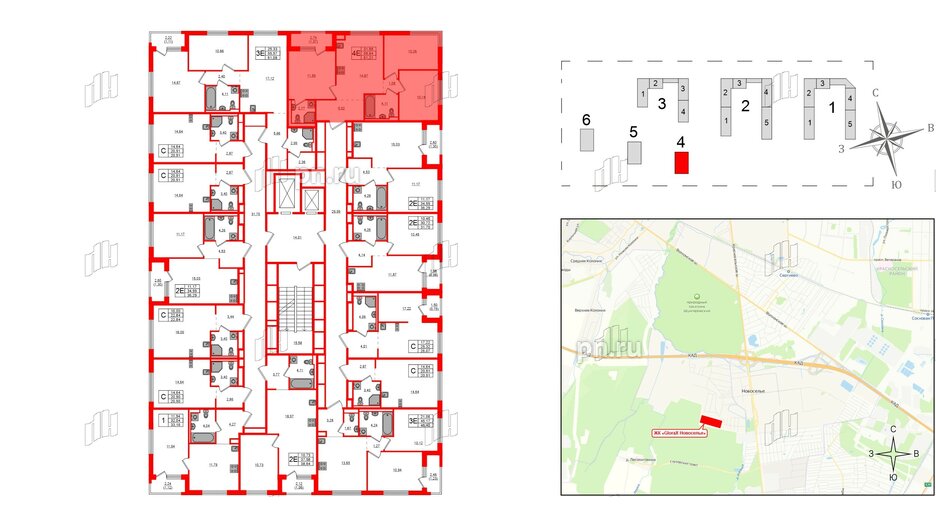 Квартира в ЖК GloraX Новоселье, 3 комнатная, 61.21 м², 5 этаж