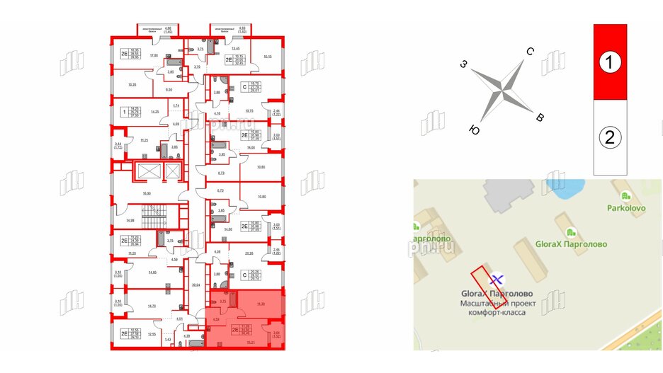 Квартира в ЖК GloraX Парголово, 1 комнатная, 36.46 м², 2 этаж