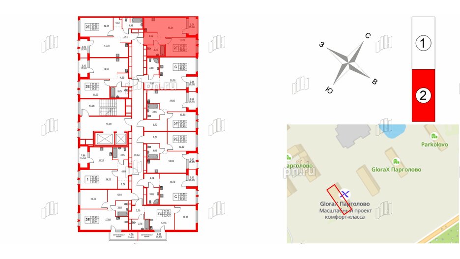 Квартира в ЖК GloraX Парголово, 1 комнатная, 36.46 м², 3 этаж