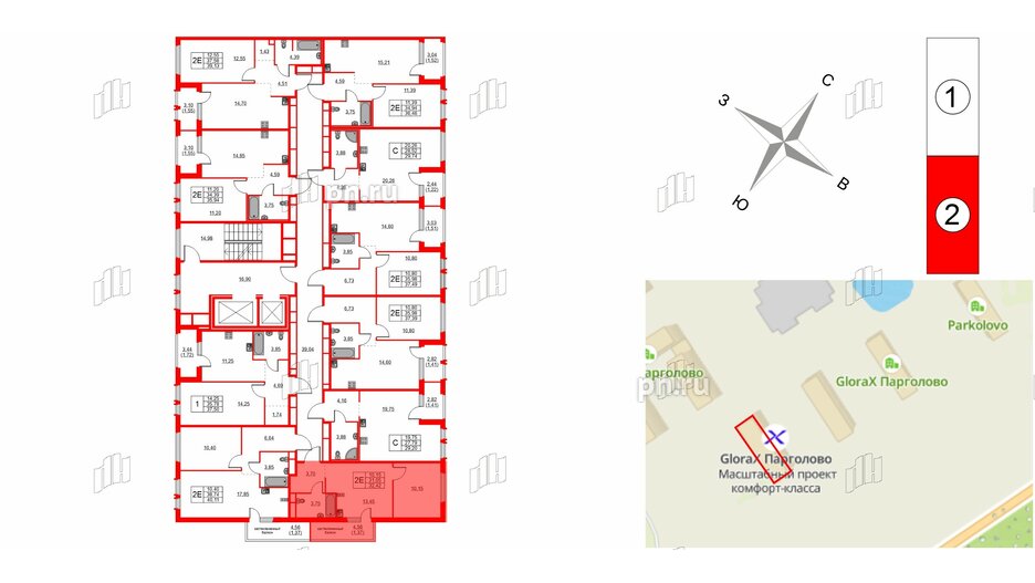 Квартира в ЖК GloraX Парголово, 1 комнатная, 32.42 м², 9 этаж