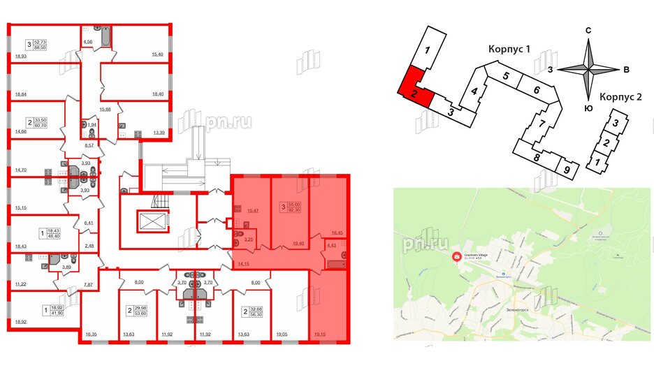 Квартира в ЖК Granholm Village, 3 комнатная, 92.6 м², 1 этаж