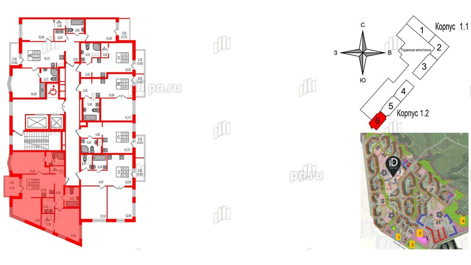 Квартира в ЖК iD Murino III, 3 комнатная, 66.58 м², 9 этаж