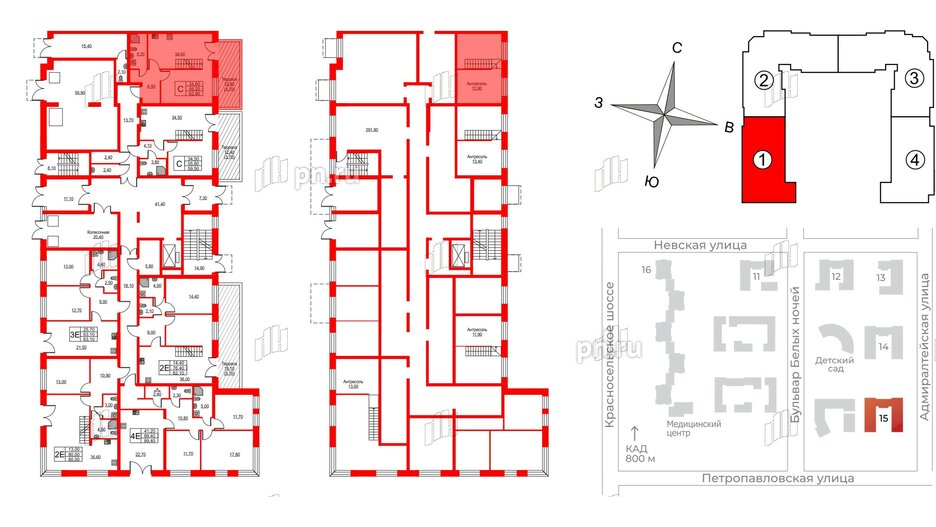 Квартира в ЖК NEWПИТЕР, 1 комнатная, 62.5 м², 1 этаж