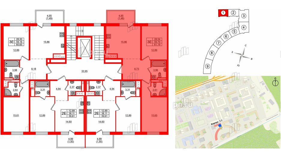 Квартира в ЖК 'OKLA', 2 комнатная, 61.19 м², 2 этаж