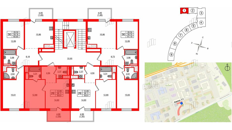 Квартира в ЖК 'OKLA', 1 комнатная, 39.61 м², 5 этаж