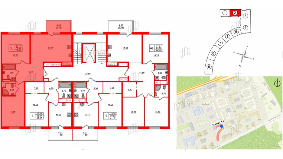 Квартира в ЖК 'OKLA', 2 комнатная, 72.07 м², 3 этаж