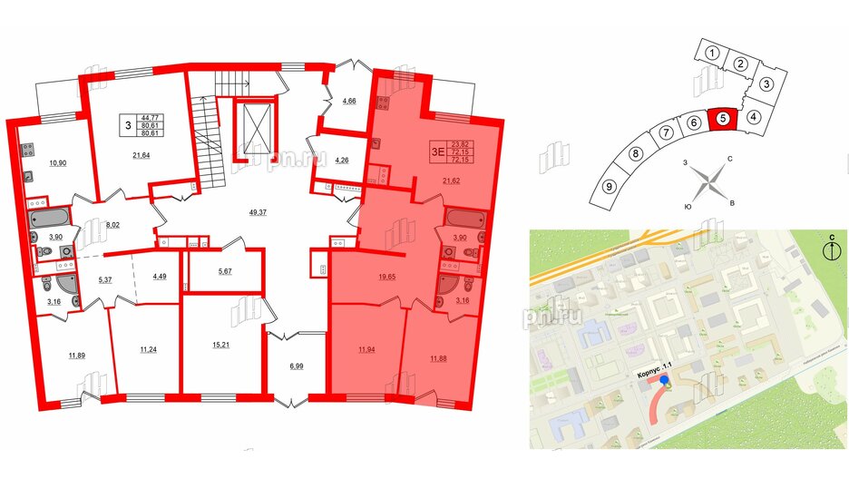 Квартира в ЖК 'OKLA', 2 комнатная, 72.15 м², 1 этаж