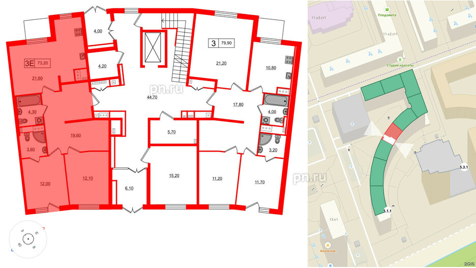 Квартира в ЖК 'OKLA', 2 комнатная, 72.15 м², 1 этаж