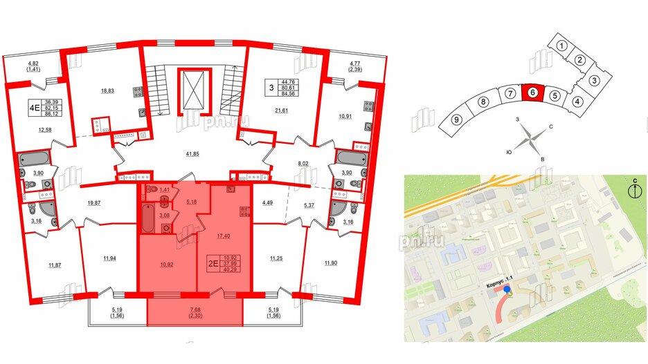 Квартира в ЖК 'OKLA', 1 комнатная, 40.29 м², 2 этаж