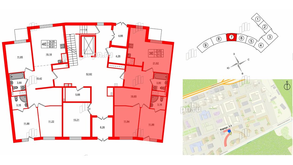 Квартира в ЖК 'OKLA', 2 комнатная, 72.15 м², 1 этаж