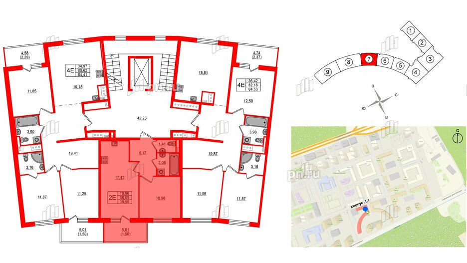 Квартира в ЖК 'OKLA', 1 комнатная, 39.55 м², 2 этаж