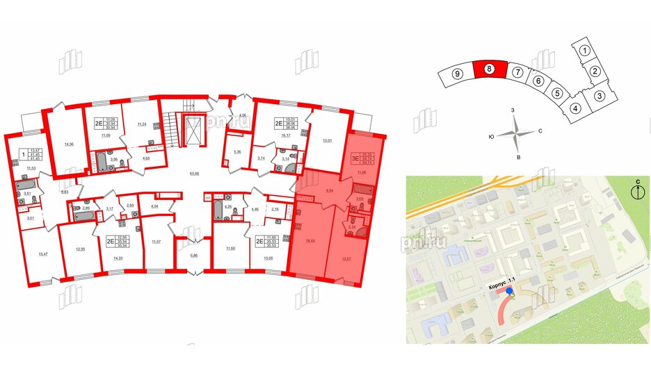 Квартира в ЖК 'OKLA', 2 комнатная, 59.74 м², 1 этаж