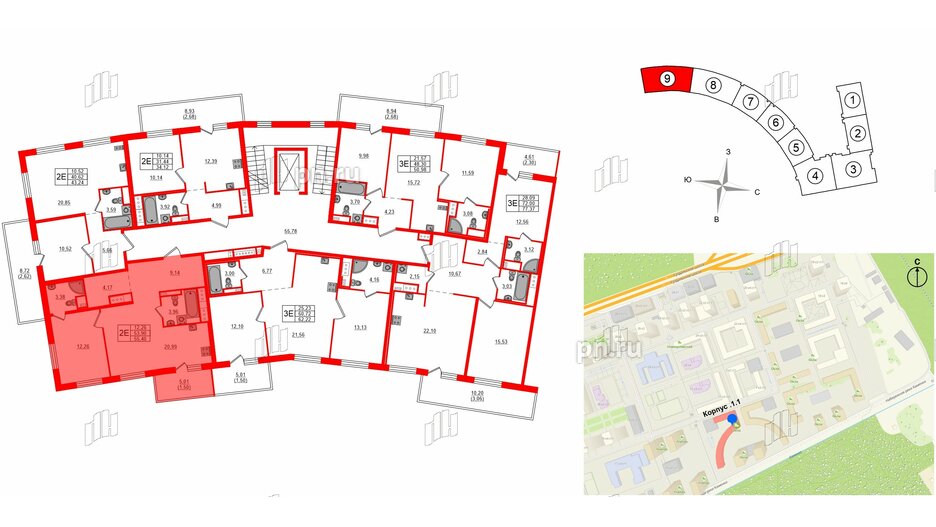 Квартира в ЖК 'OKLA', 1 комнатная, 55.4 м², 2 этаж