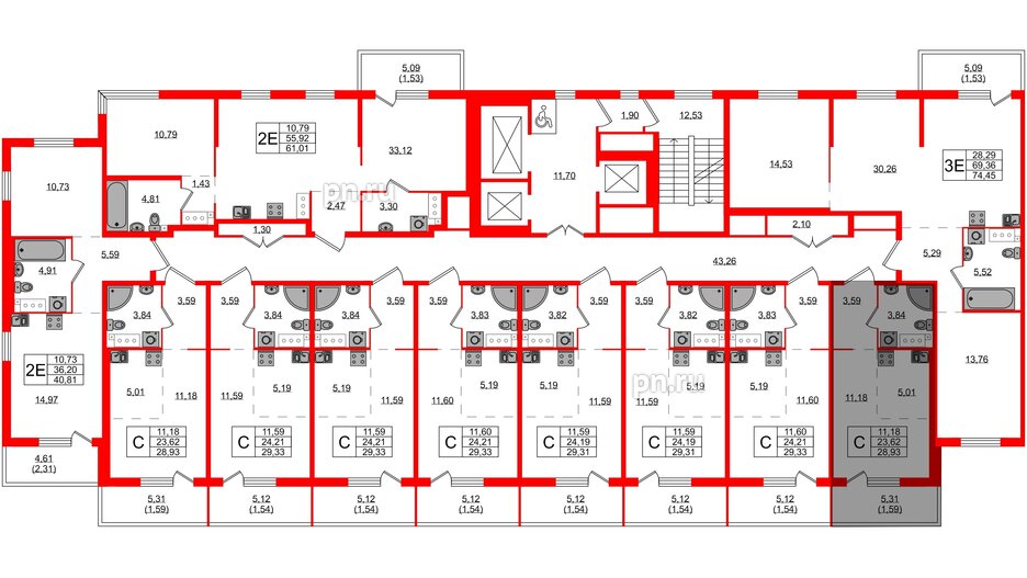 Квартира в ЖК Simple, 1 комнатная, 61.01 м², 2 этаж