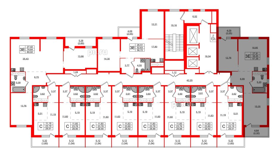 Квартира в ЖК Simple, 3 комнатная, 80.02 м², 19 этаж