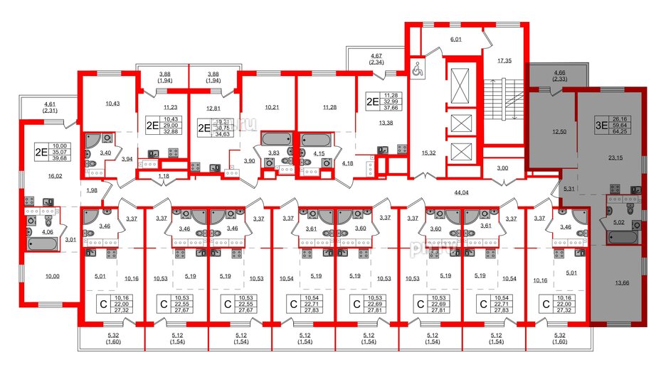 Квартира в ЖК Simple, 2 комнатная, 64.25 м², 22 этаж